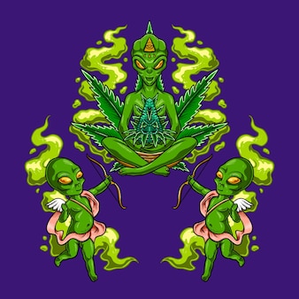 Dio alieno della marijuana con cupido verde