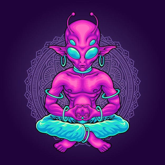 Vector alien meditation mascot illustration