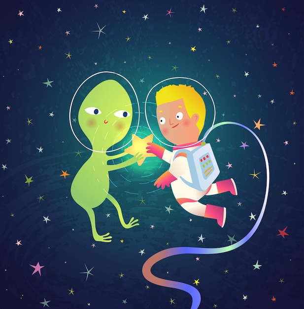 Alien Meets Astronaut in Outer Space Kids Cartoon