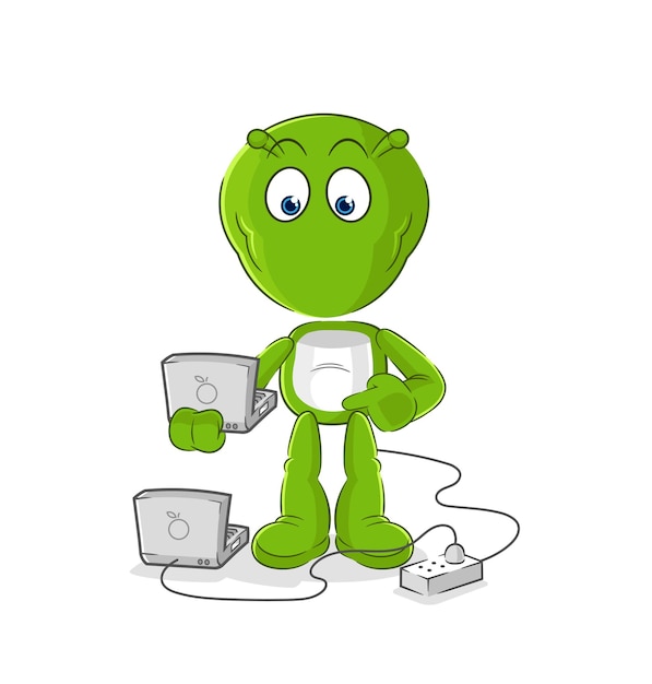 Vector alien met laptop mascotte cartoon vector