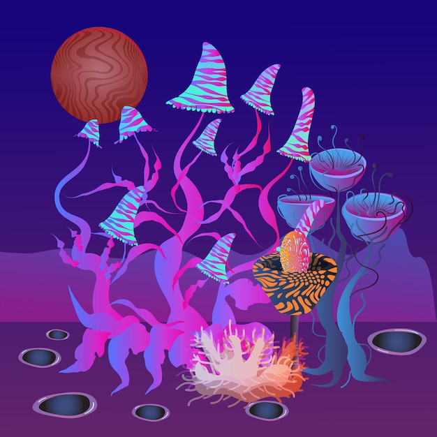 Alien mushrooms and plants fantastic futuristic drawing vector illustration