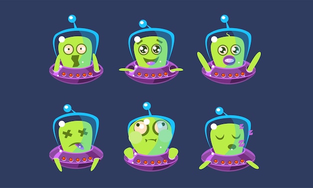 Alien personage in Ufo Set Grappig monster met verschillende emoties Vector illustratie