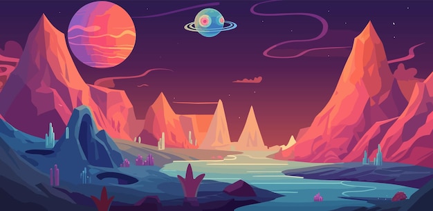 Vector alien planet landscape space game background with blue ground mountains stars cartoon