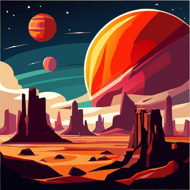 Vector alien planet landscape with rocky surface vector illustration