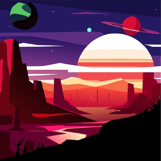 Alien planet landscape with rocky surface vector illustration