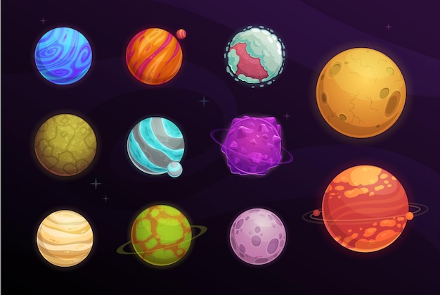 Vector alien planets cartoon set of space game interface