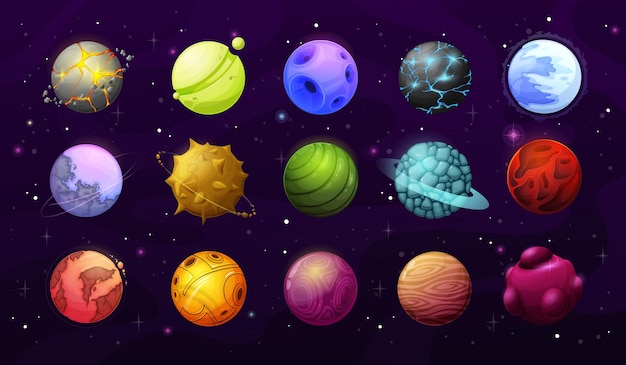 Vector alien planets and stars