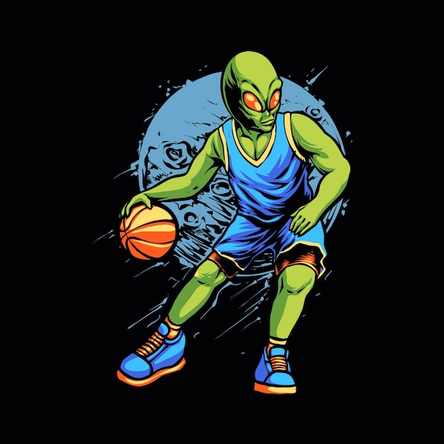 Alien play basketball illustration vector