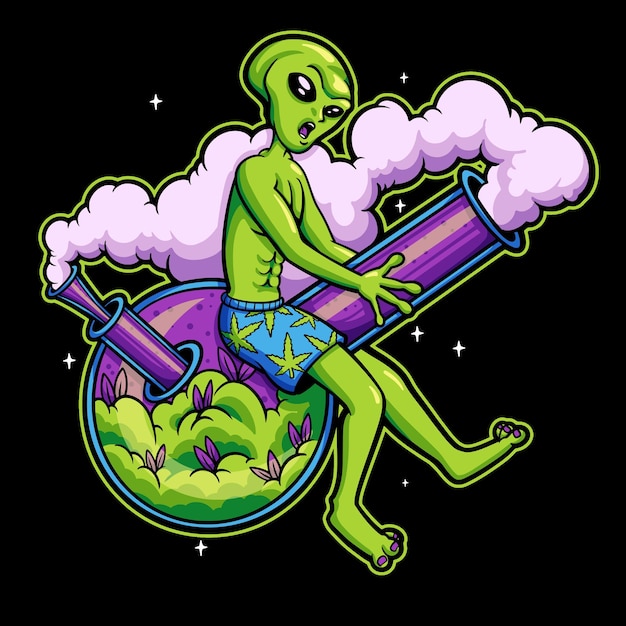 Vettore alien riding bong fumo di marijuana cartone animato