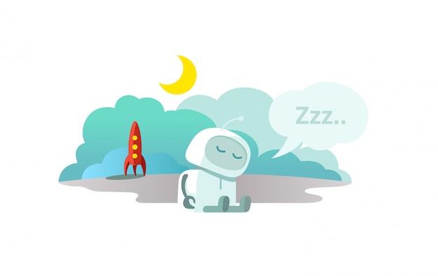 Alien the robot has arrived on rocket and is sleeping. sleep mode hibernation sitting. mtaphor - closed.