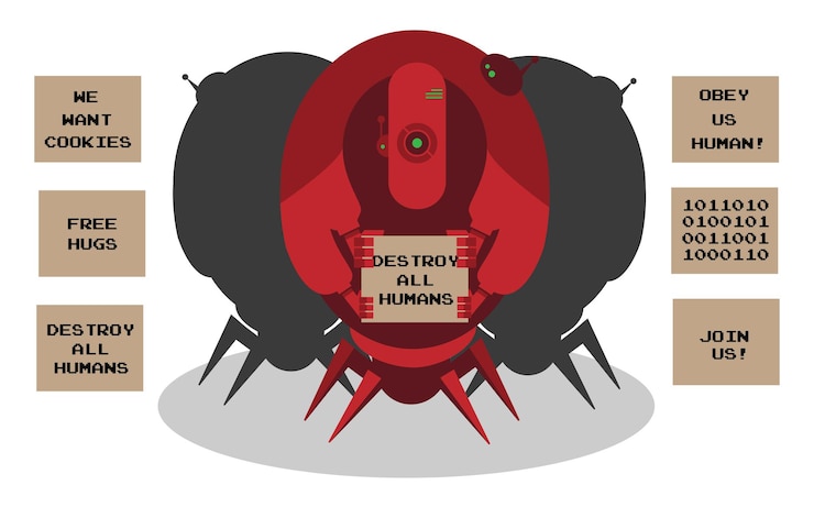 Vector エイリアンロボットの侵入。白で隔離の異なる兆候のイラストと3台のロボット