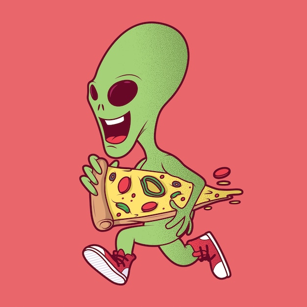 Alien running with a pizza  illustration. fast food, brand, advertising, logo design concept