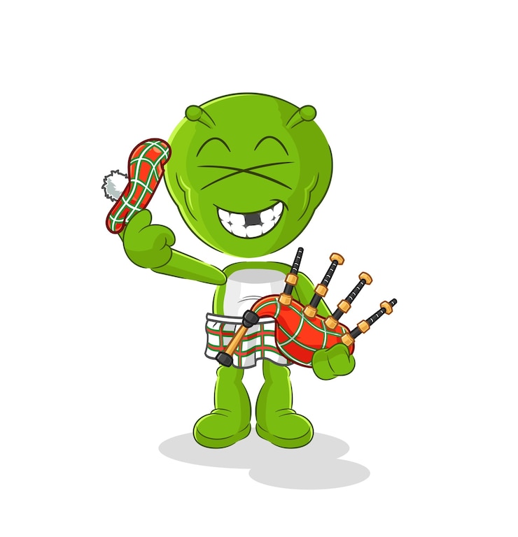 Vector alien scottish with bagpipes vector cartoon character