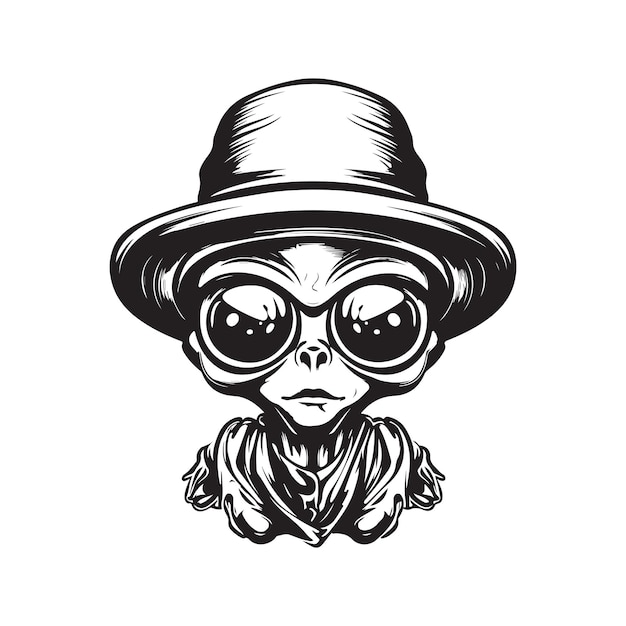 Alien in scout hat vintage logo concept black and white color hand drawn illustration