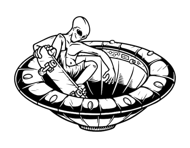 alien skateboarder in ufo line illustration