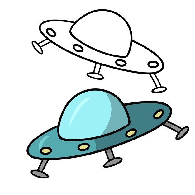 Alien Space Rocket voor vluchten UFO cartoon vector kleur en lineaire schets