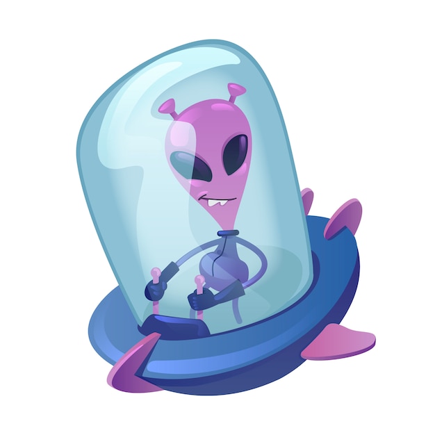 Alien in spacescraft flat cartoon illustration. Extraterrestrial driving spaceship. Ready to use 2d character template for commercial, animation, printing design. Isolated comic hero