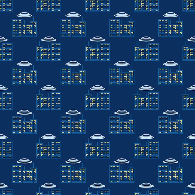 Alien spaceship over city buildings vector outline seamless pattern