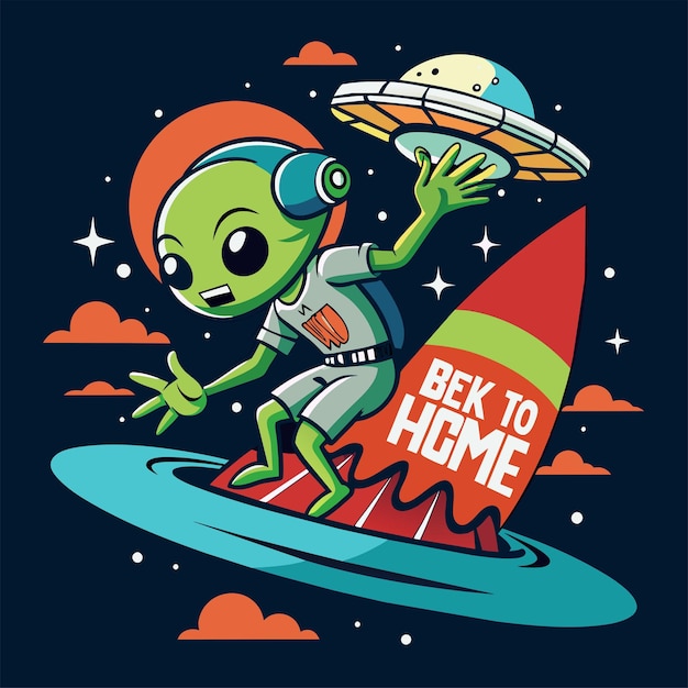 Alien sufferting on water with ufo back to home text tshirt sticker desgin