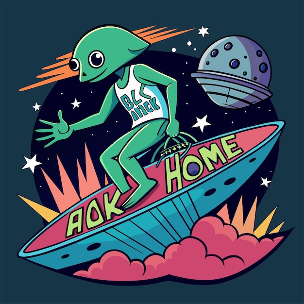 Alien sufferting on water with ufo back to home text tshirt sticker desgin