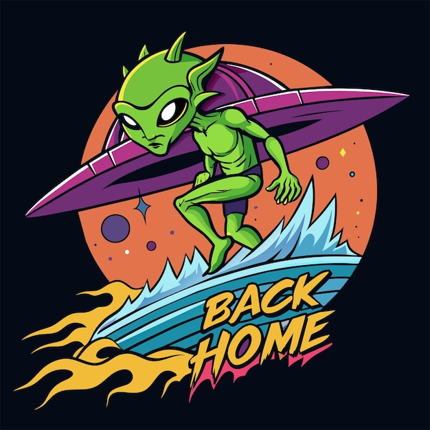 Alien sufferting on water with ufo back to home text tshirt sticker desgin