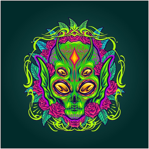 Alien sugar skull cosmic day of the dead illustrations