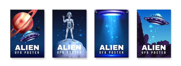 Alien ufo poster set met kosmische ruimte symbolen realistische geïsoleerde vectorillustratie