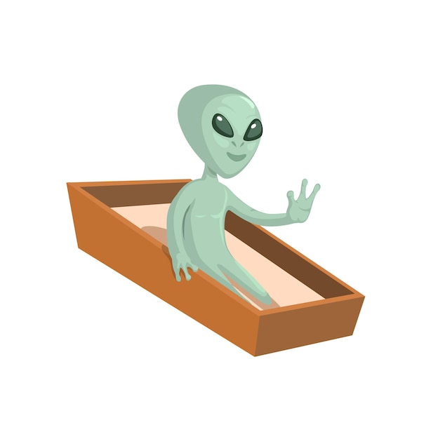 Инопланетянин просыпается в гробу. Вектор иллюстрации персонажа из мультфильма.