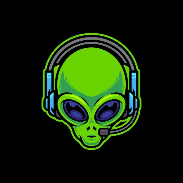 alien wearing gaming headset vector cartoon art illustration on isolated background