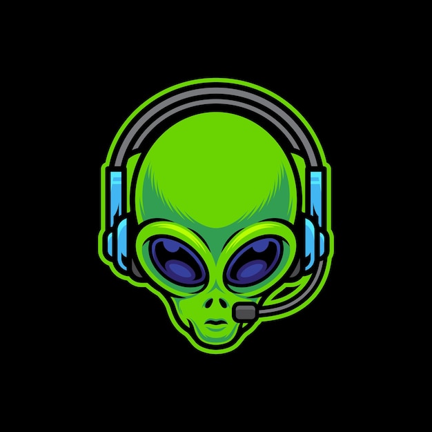 Alien wearing gaming headset vector cartoon art illustration on isolated background