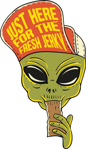 Alien wearing hat eating jerky vintage illustration