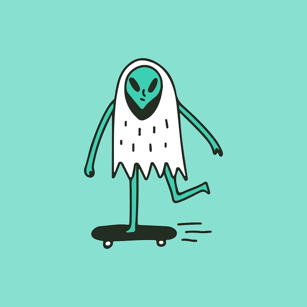 Alien wearing white robe and riding skateboard, illustration for t-shirt, sticker.