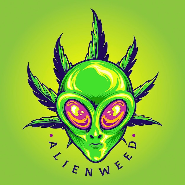 Alien weed cannabis leaf cartoon векторные иллюстрации для вашей работы логотип, футболка с товарами-талисманами, наклейки и дизайн этикеток, плакат, поздравительные открытки, рекламирующие бизнес-компанию или бренды.