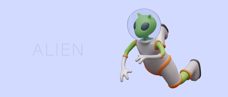 Vector alien in weightlessness green humanoid in spacesuit is floating no graphitization