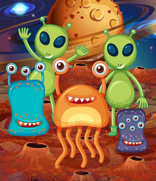 Vector alien with friends on mars