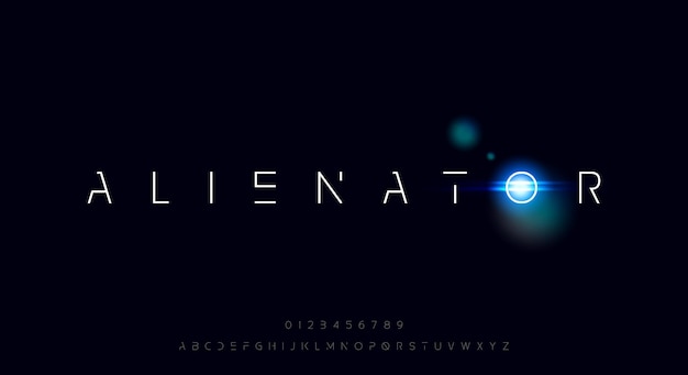 Вектор alienator, современный тонкий футуристический шрифт. минималистский дизайн шрифта научной фантастики