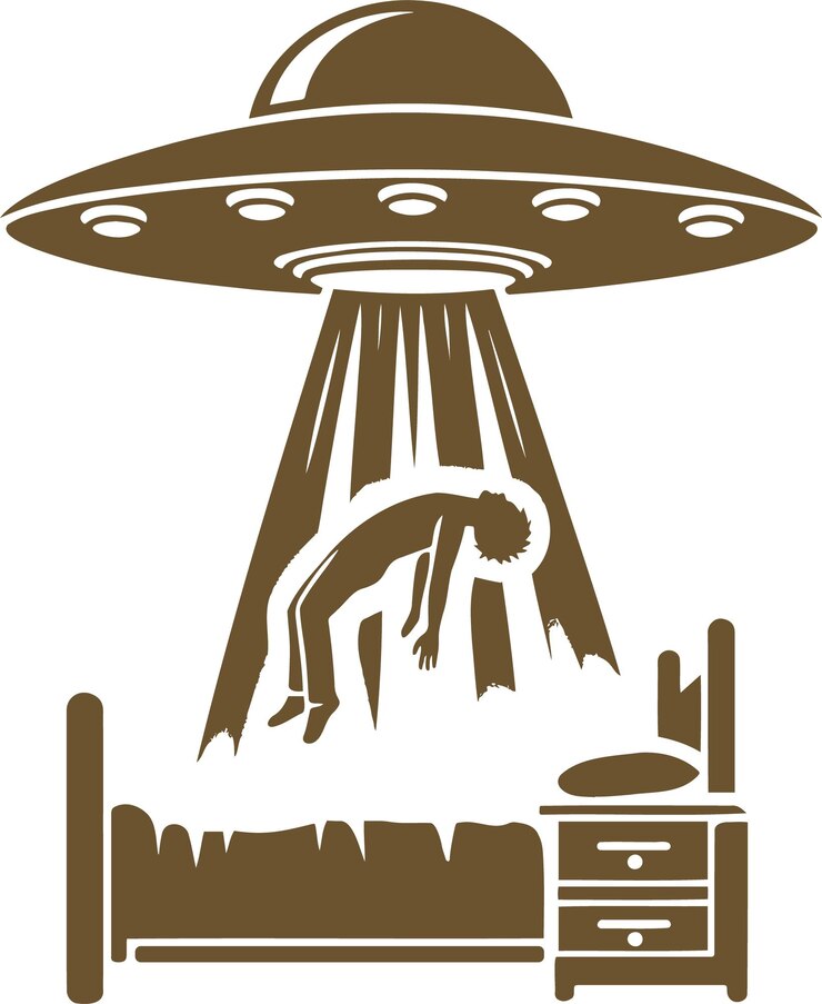 aliens abducting a sleeping man right from his bed simple stencil drawing
