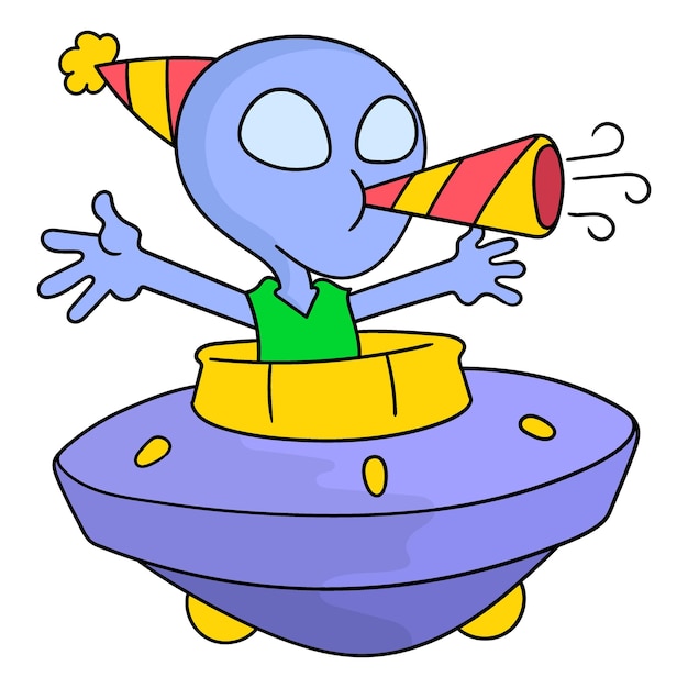 Aliens are flying ufo planes celebrating new year doodle icon image kawaii