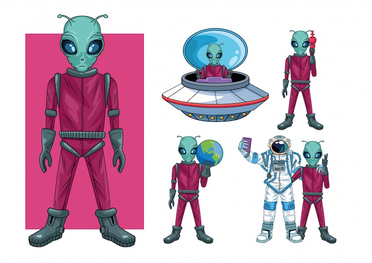 Vector エイリアンと宇宙飛行士の宇宙キャラクターイラスト