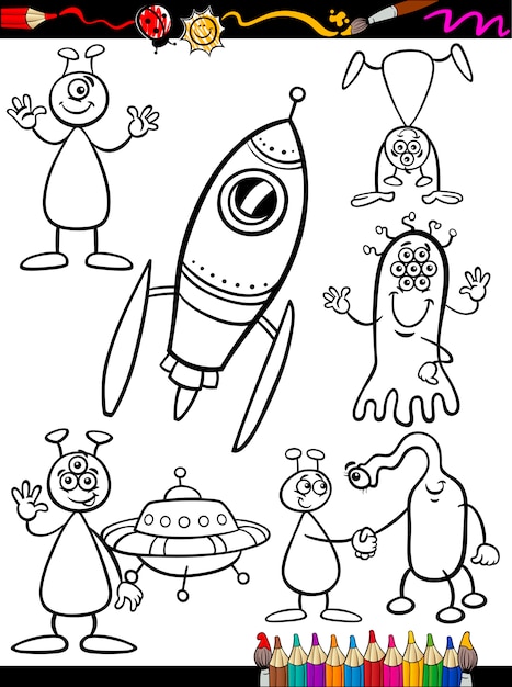 Aliens Cartoon Set voor kleuren boek