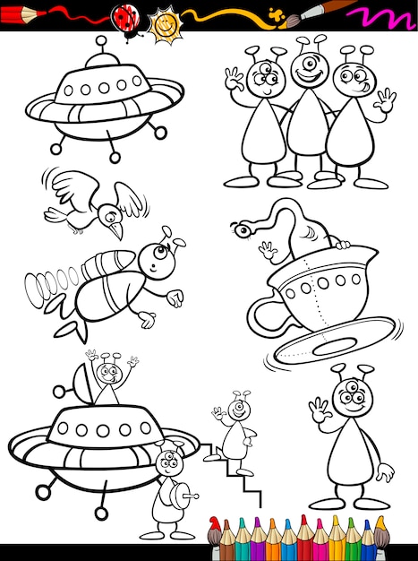 Aliens Cartoon Set voor kleuren boek