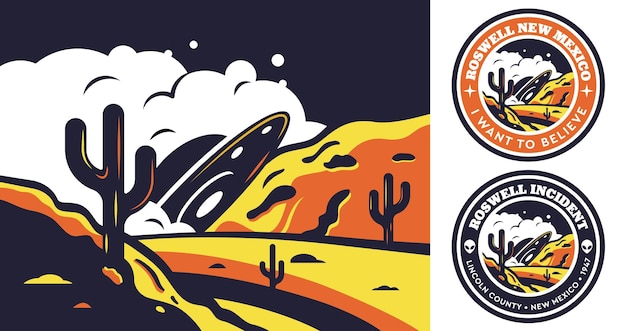 Vector aliens en ufo's set van vector illustraties en emblemen labels badges of logos roswell incident