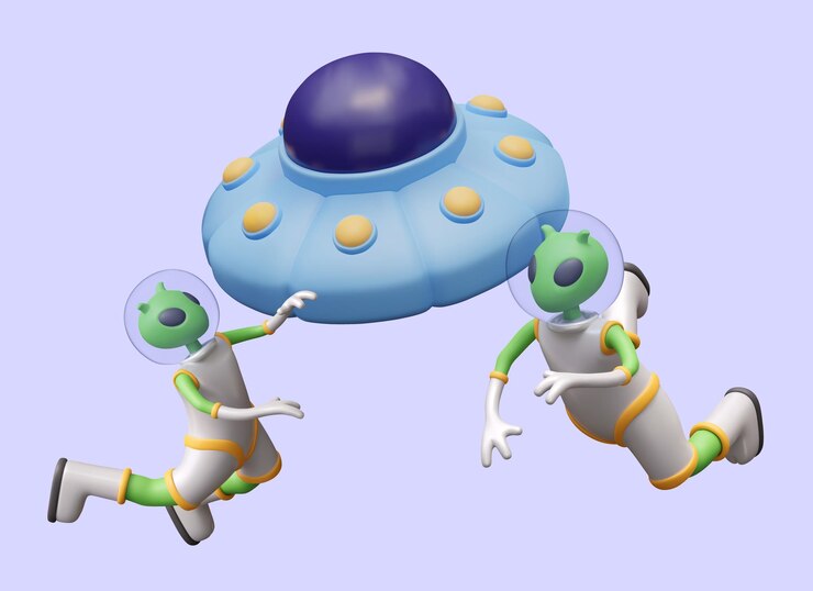 Vector aliens float in weightlessness near ufo green humanoids in outer space near flying saucer