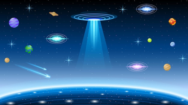 Aliens On Flying Saucers In Dark Space Planet Background Gradient Unidentified Flying Object Ufo