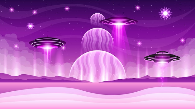 Aliens Flying Saucers Mountains Clouds Water Tree Bushes Background Gradient Unidentified Ufo