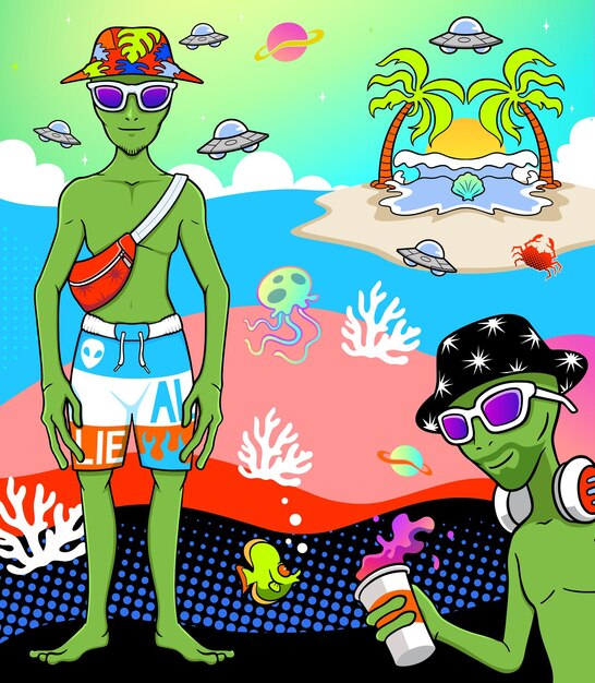 Vector aliens holidays at the beach