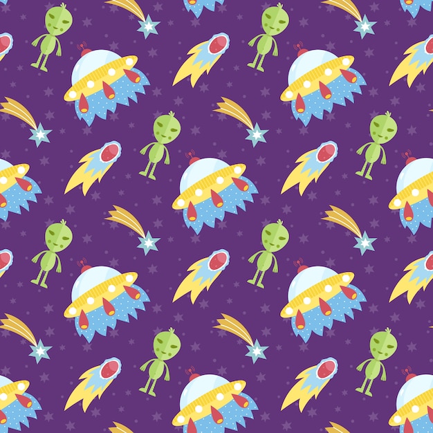 Aliens outer space flying saucer seamless pattern