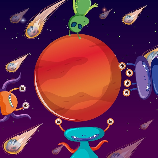 Vector aliens in outer space with mars planet in cartoon style