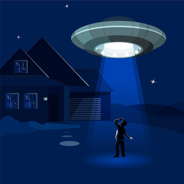 Aliens spaceship abducts the man under cloud of night