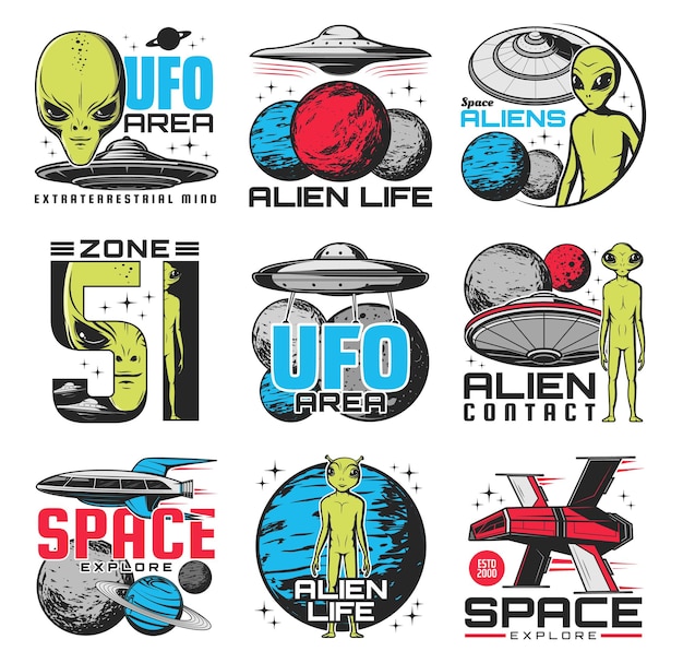 Aliens, ufo area and space shuttles retro icons